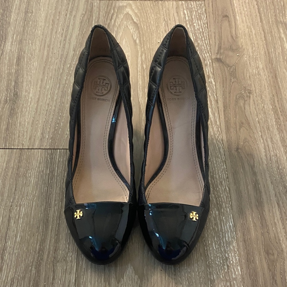 Tory Burch Black Wedge Heels — Small Gold Emblem